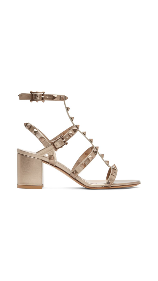 Rockstud Calfskin Ankle Strap Sandal 60mm - Gold