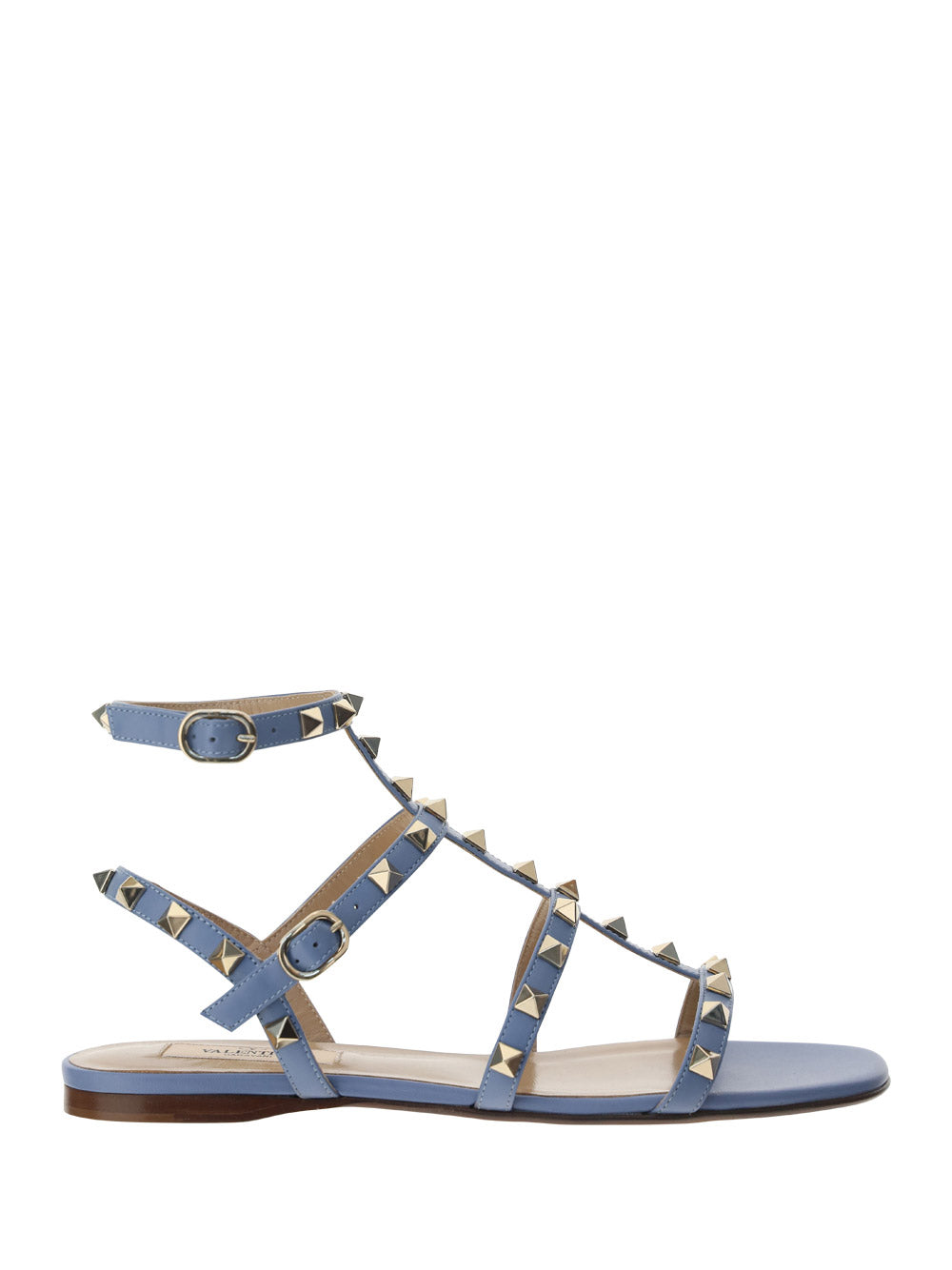 Rockstud Flat Calfskin Sandal with Straps - Azure