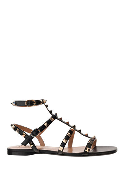 Rockstud Flat Calfskin Sandals with Straps - Black