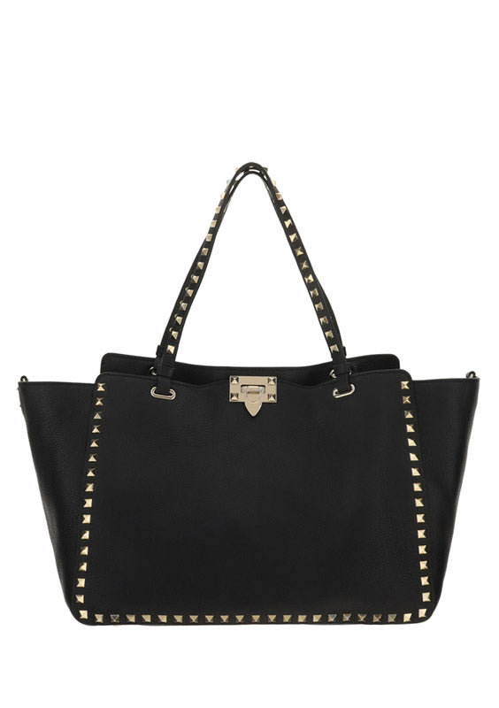 Medium Grainy Calfskin Rockstud Bag - Black