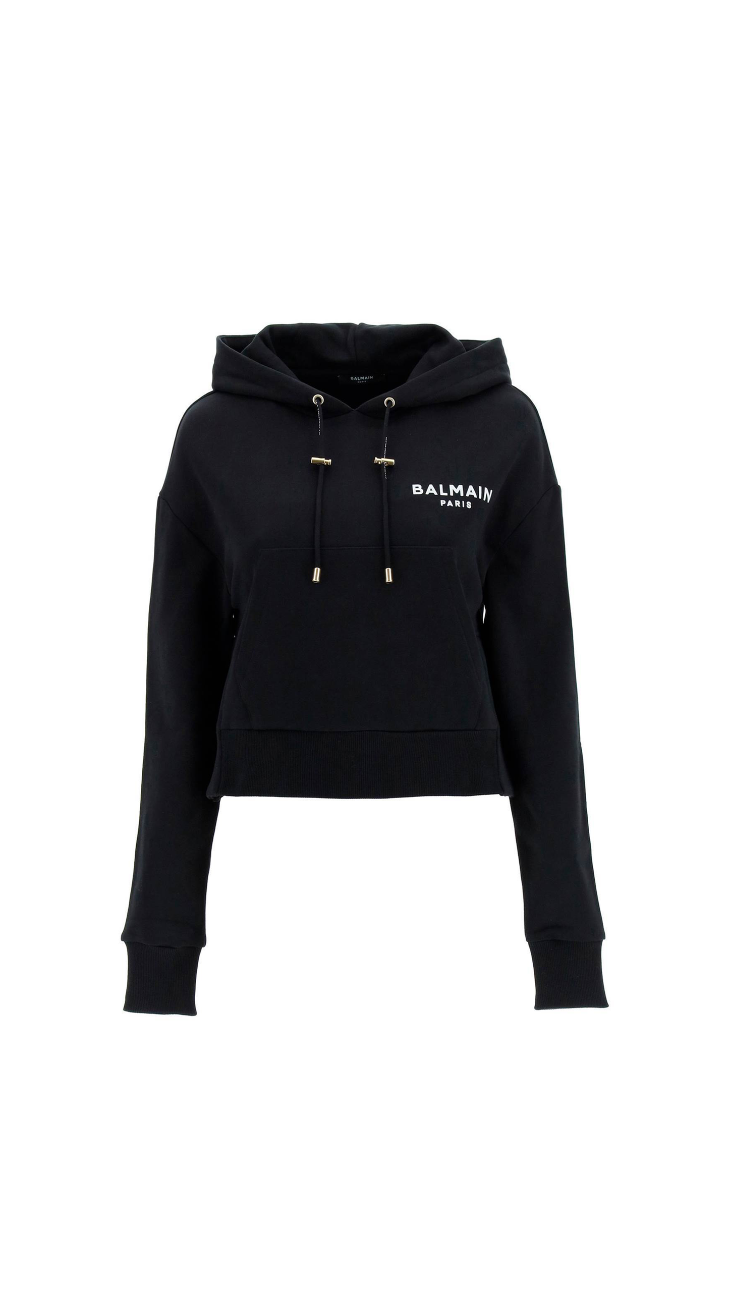 Cropped Cotton Sweatshirt with Flocked Logo - Black