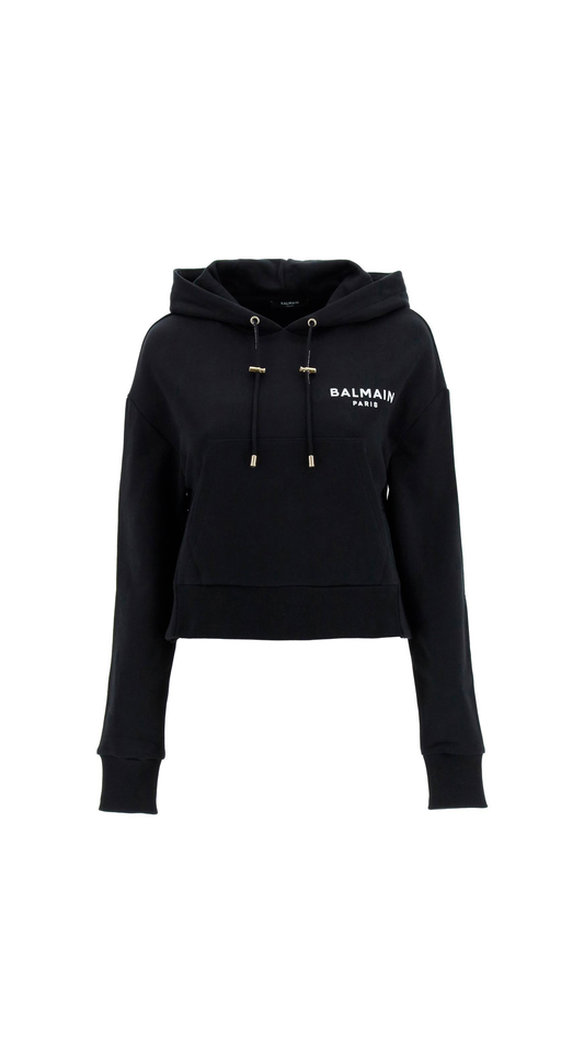 Cropped Cotton Sweatshirt with Flocked Logo - Black