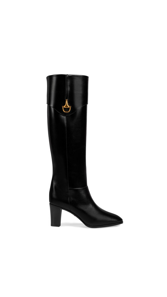 Leather Boot with Half Horsebit - Black