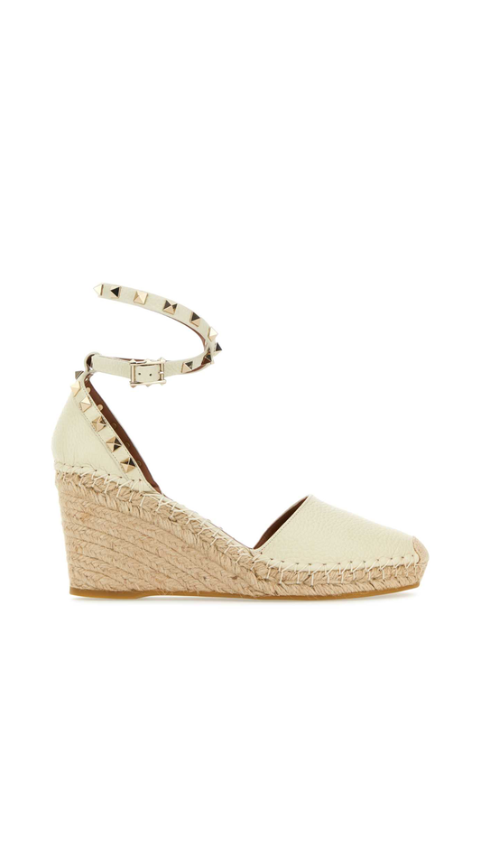 Rockstud Double Wedge Espadrille in Grainy Calfskin 85MM - Light Ivory