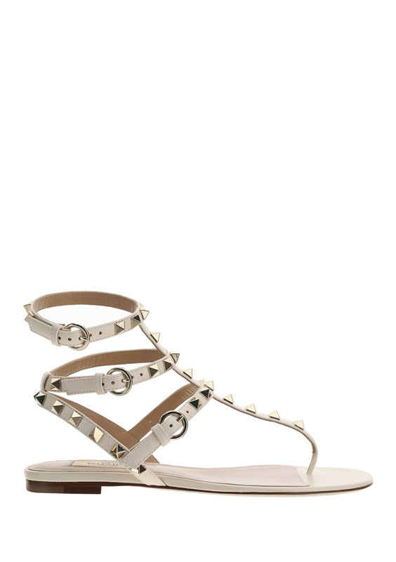 Rockstud Calfskin Flat Flip-Flop Sandal - Light Ivory