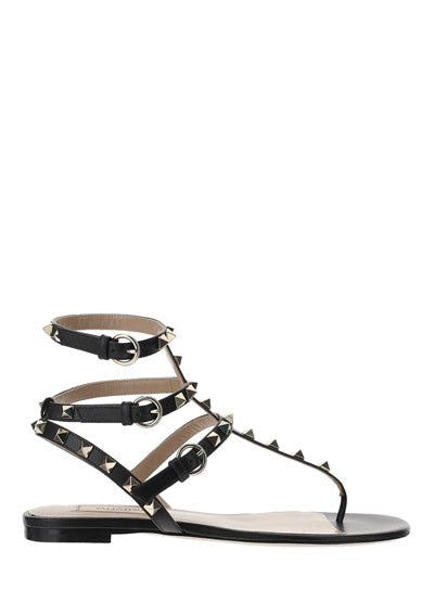 Rockstud Calfskin Flat Flip-Flop Sandal - Black