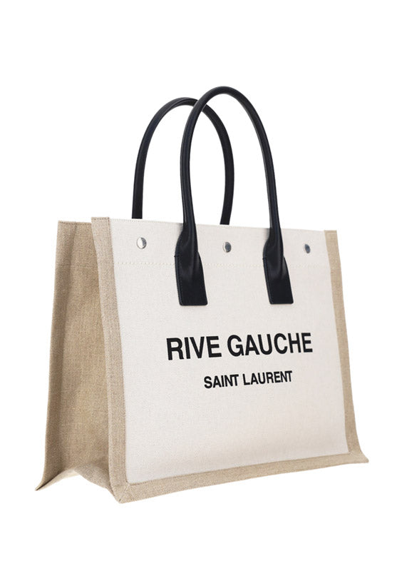 Rive Gauche Small Tote Bag in Linen and Leather - Greige  / Black / Neutral