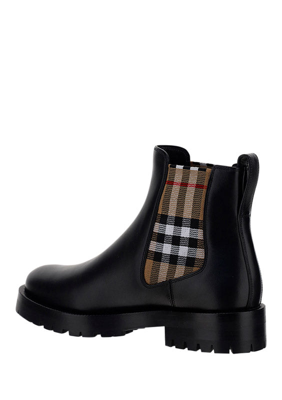 Vintage Check Detail Leather Chelsea Boots - Black