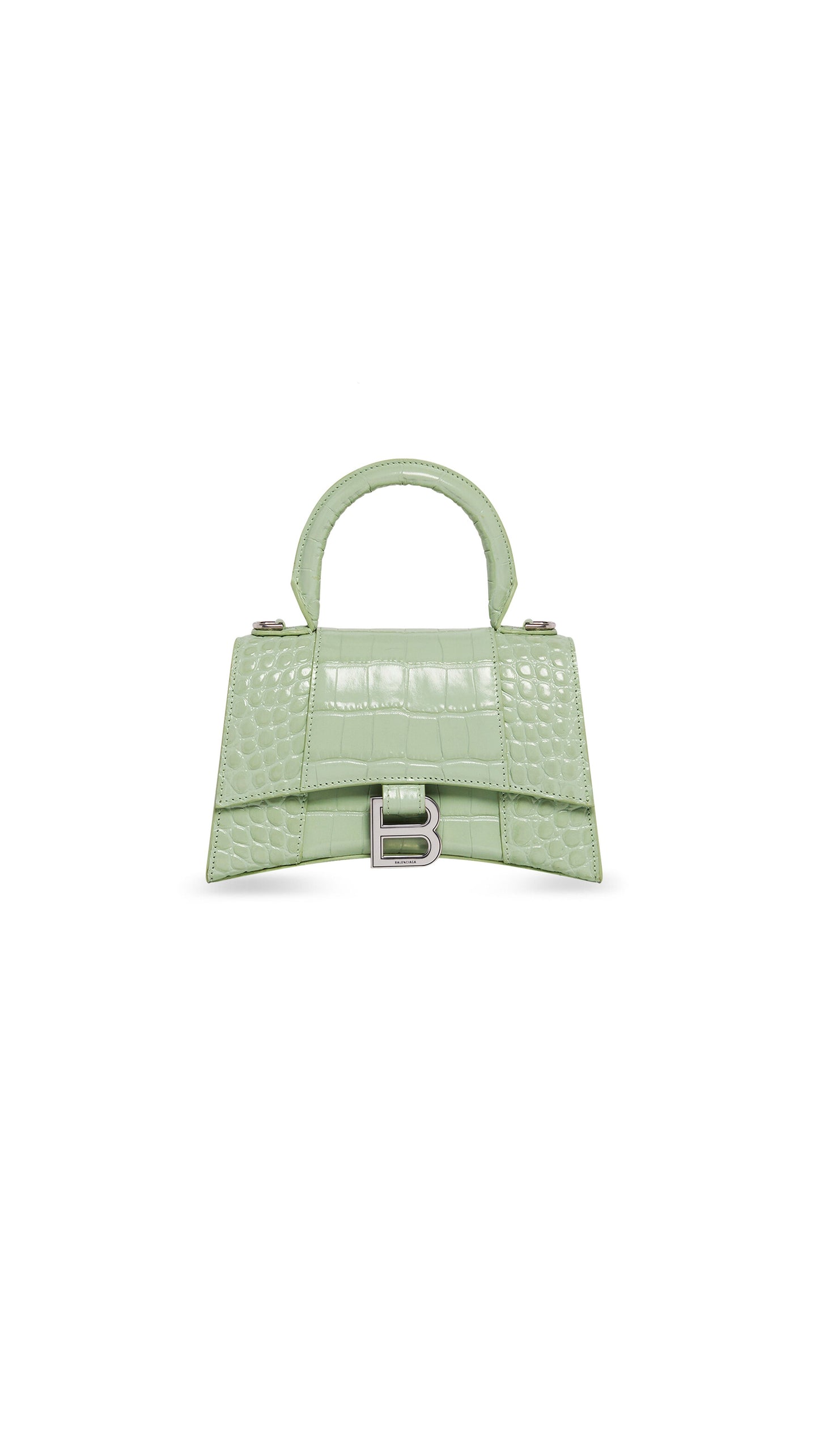 Hourglass XS Handbag In Shiny Crocodile Embossed Calfskin - Light Green