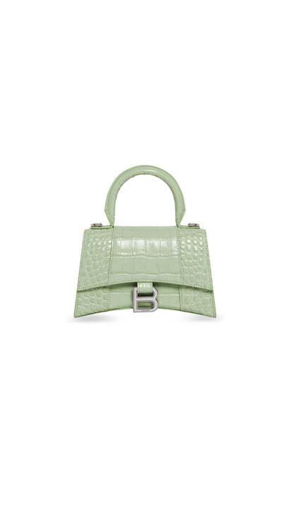 Hourglass XS Handbag In Shiny Crocodile Embossed Calfskin - Light Green