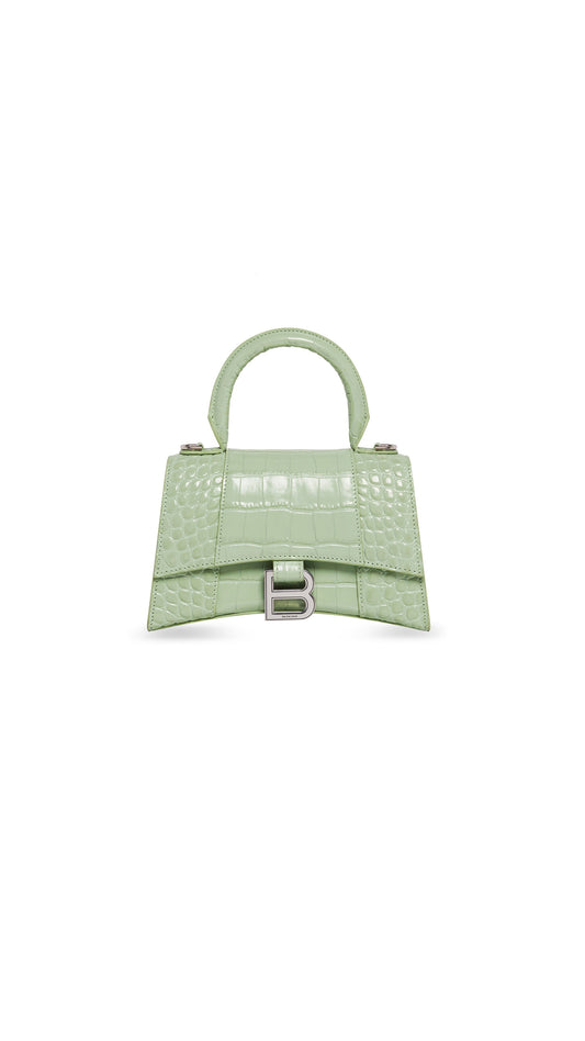 Hourglass XS Handbag In Shiny Crocodile Embossed Calfskin - Light Green