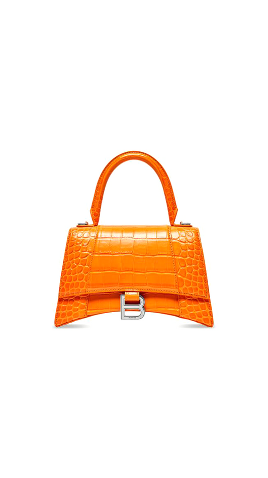 Hourglass Small Handbag in Shiny Crocodile Embossed - Orange