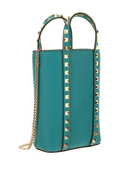 Rockstud Leather Bucket Bag - Turquoise