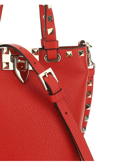 Rockstud Grainy Calfskin Small Tote - Red