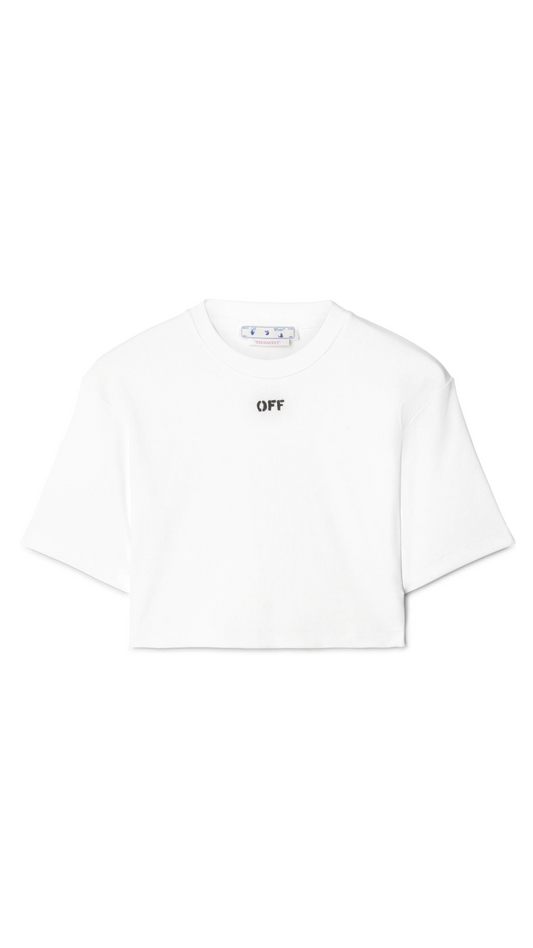 Off Stamp Ribbed Cropped Tee - White