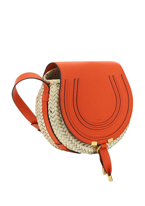 Small Marcie Cross-body Basket in Hand-Braided Raffia & Small Grain Calfskin - Rusted Orange