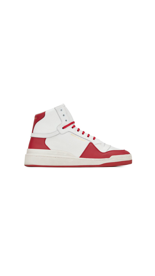 SL24 Mid-Top Sneakers In Perforated And Grained Leather - White / Red