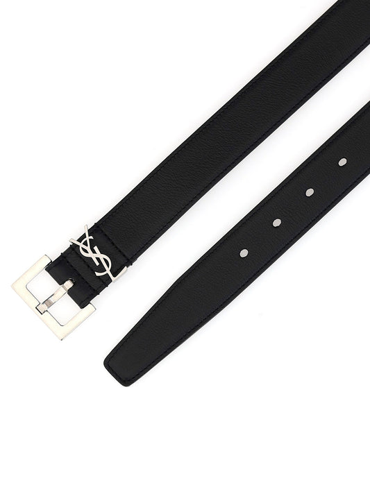 Cassandre Belt with Square Buckle in Smooth Leather - Black/Silver