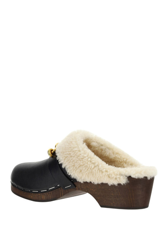 Le Maillon Clogs in Smooth Leather and Shearling - Noir