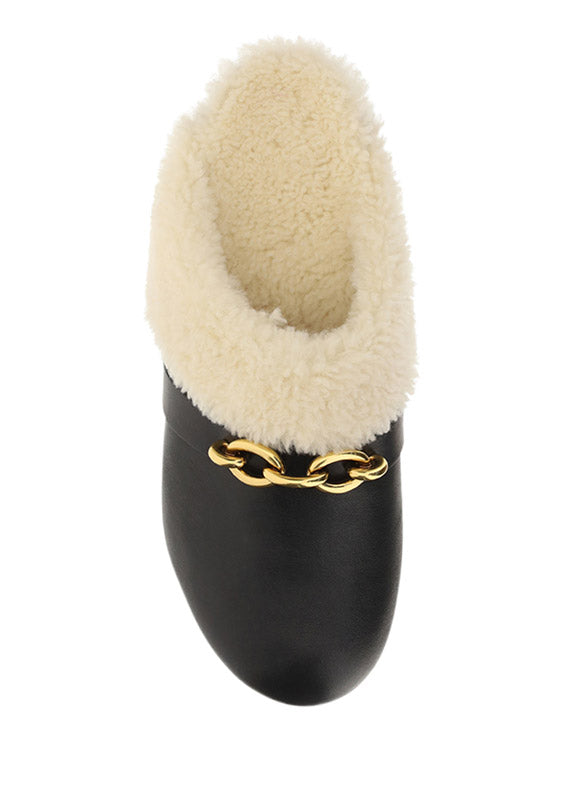 Le Maillon Clogs in Smooth Leather and Shearling - Noir