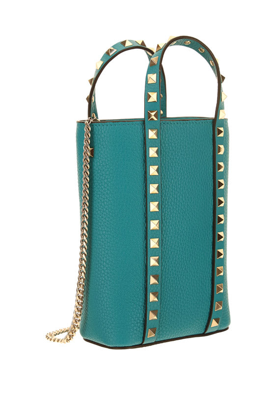 Rockstud Leather Bucket Bag - Turquoise