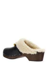 Le Maillon Clogs in Smooth Leather and Shearling - Noir