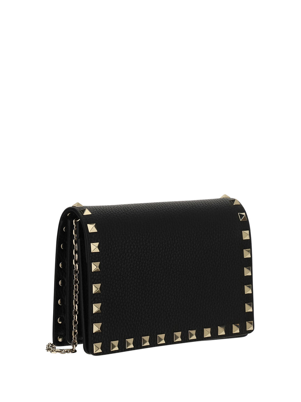 Rockstud Grainy Calfskin Chain Pouch - Black.