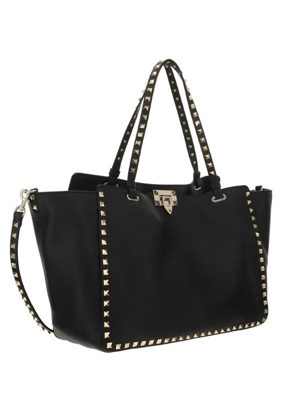 Medium Grainy Calfskin Rockstud Bag - Black
