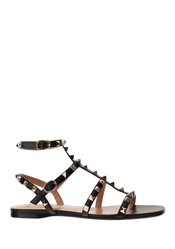 Rockstud Flat Calfskin Sandals with Straps - Black