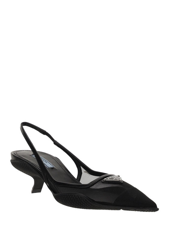Mesh Fabric Slingback Pumps - Black