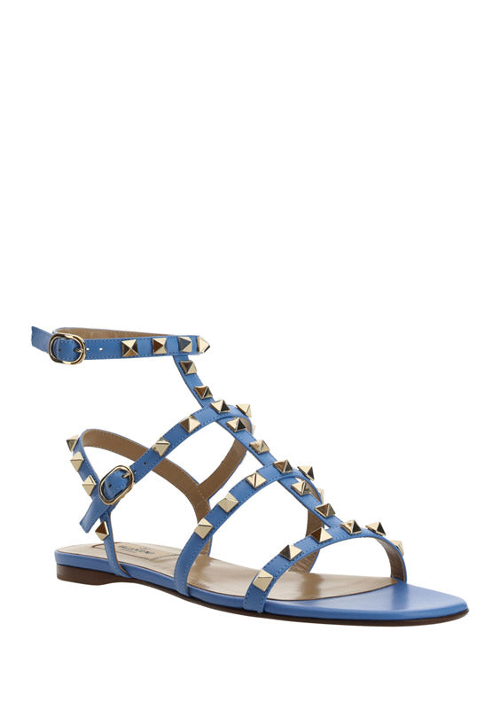 Rockstud Flat calfskin Sandal with Straps - Denim