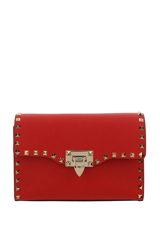 Small Rockstud Grainy Calfskin Crossbody Bag - Red