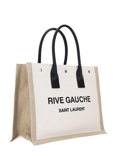 Rive Gauche Small Tote Bag in Linen and Leather - Greige  / Black / Neutral