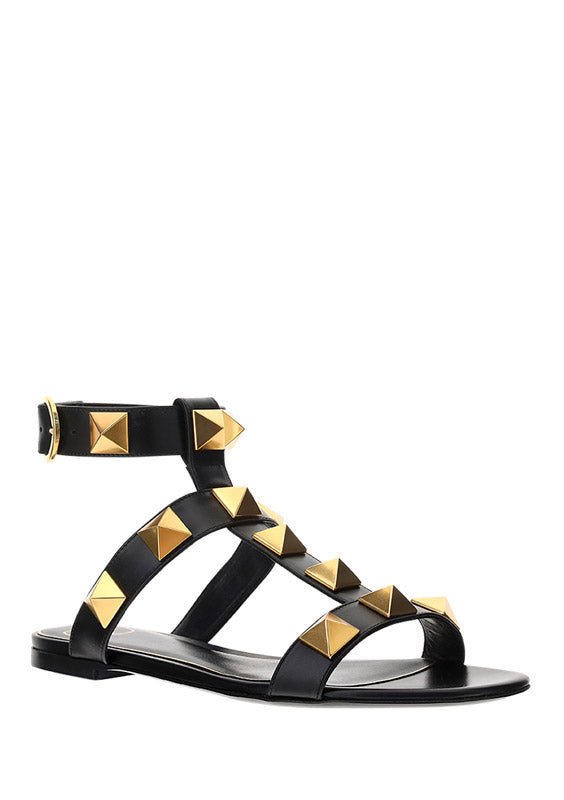 Roman Stud Flat Calfskin Sandal - Black