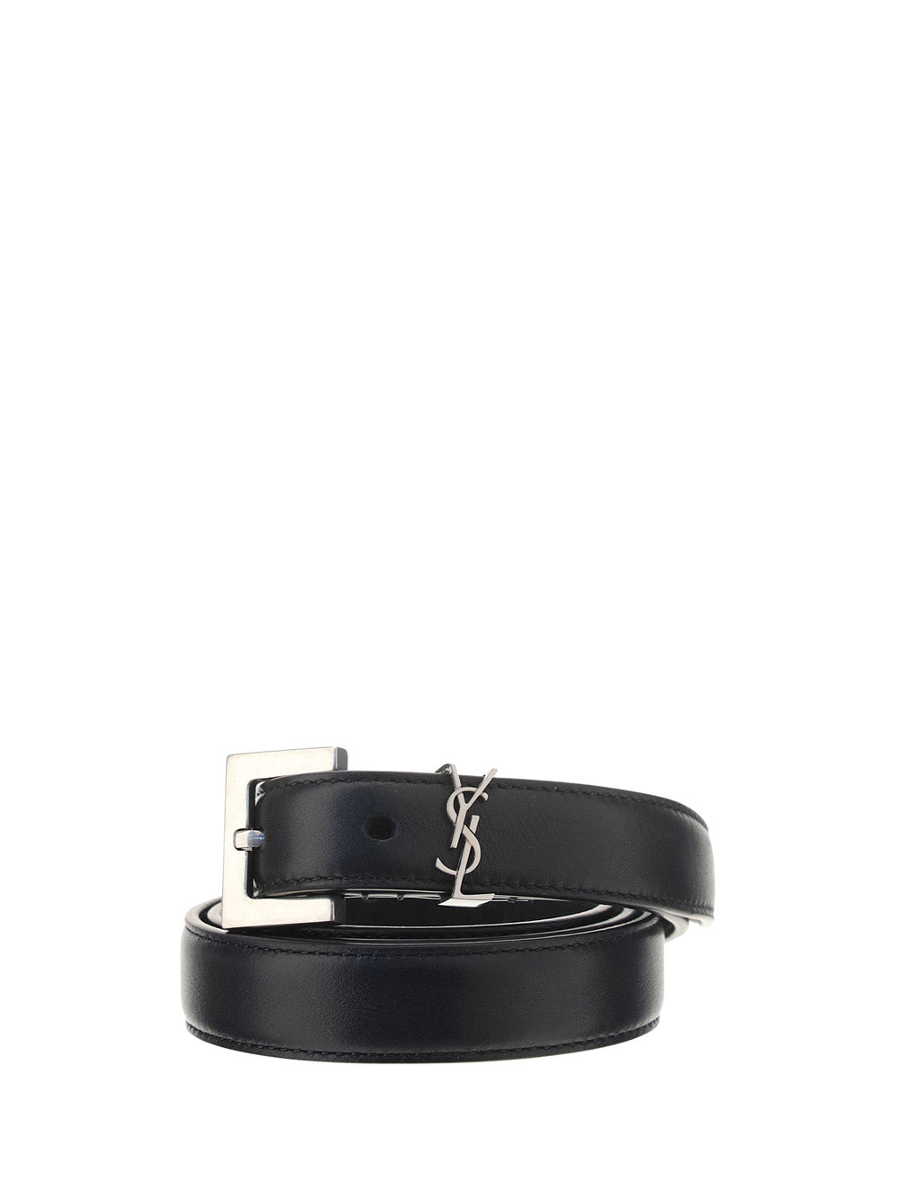 Narrow Leather Belt with a Square Buckle With the YSL Logo - Black.