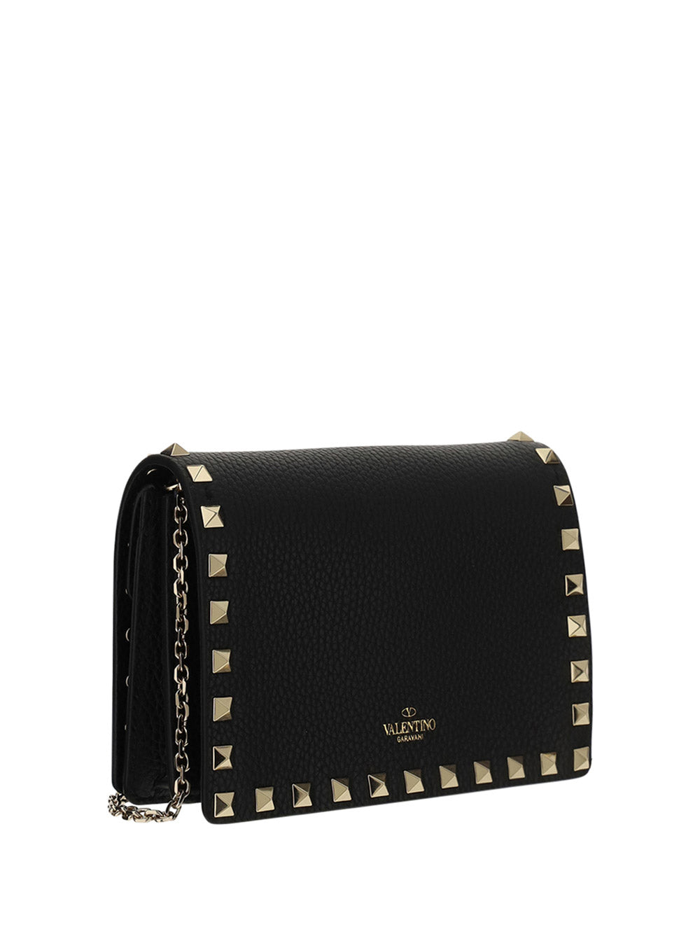 Rockstud Grainy Calfskin Chain Pouch - Black.