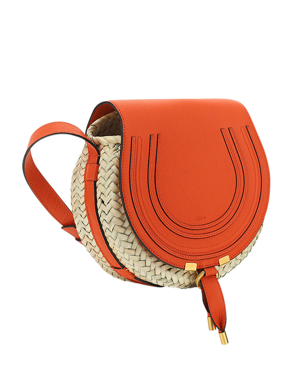 Small Marcie Cross-body Basket in Hand-Braided Raffia & Small Grain Calfskin - Rusted Orange