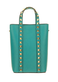 Rockstud Calfskin Leather Pouch With Chain - Marine Green