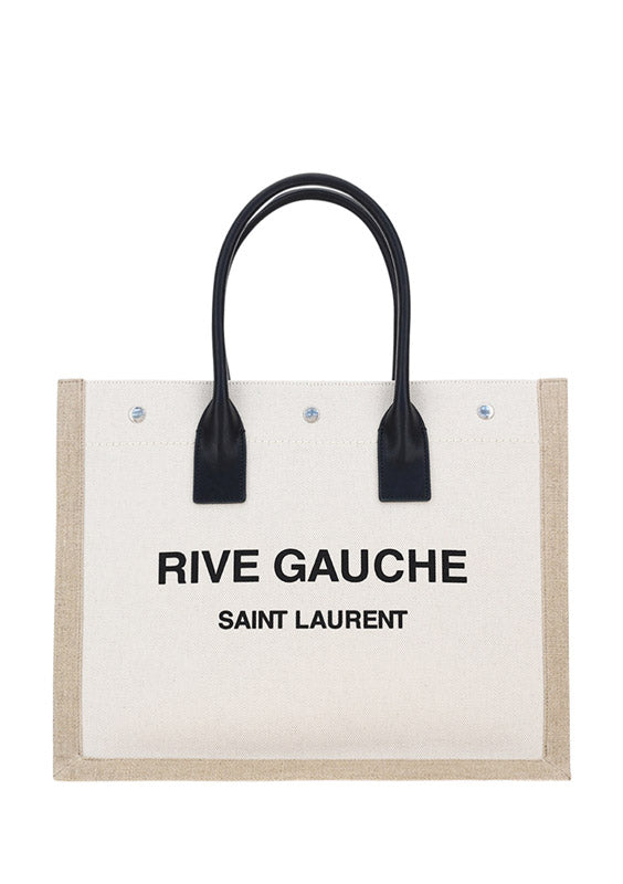 Rive Gauche Small Tote Bag in Linen and Leather - Greige  / Black / Neutral