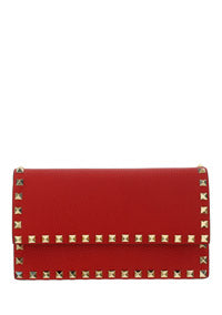 Rockstud Grainy Calfskin Chain Pouch - Red