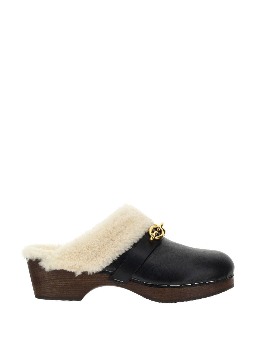 Le Maillon Clogs in Smooth Leather and Shearling - Noir