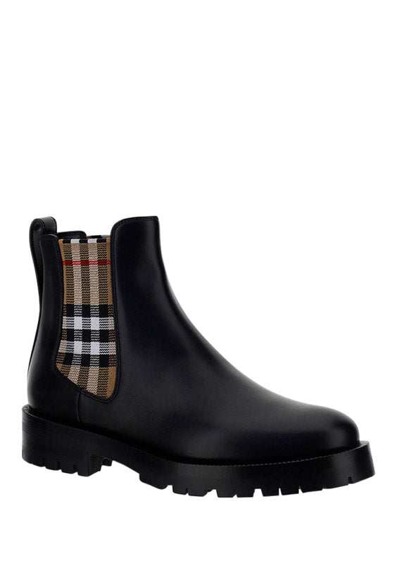 Vintage Check Detail Leather Chelsea Boots - Black