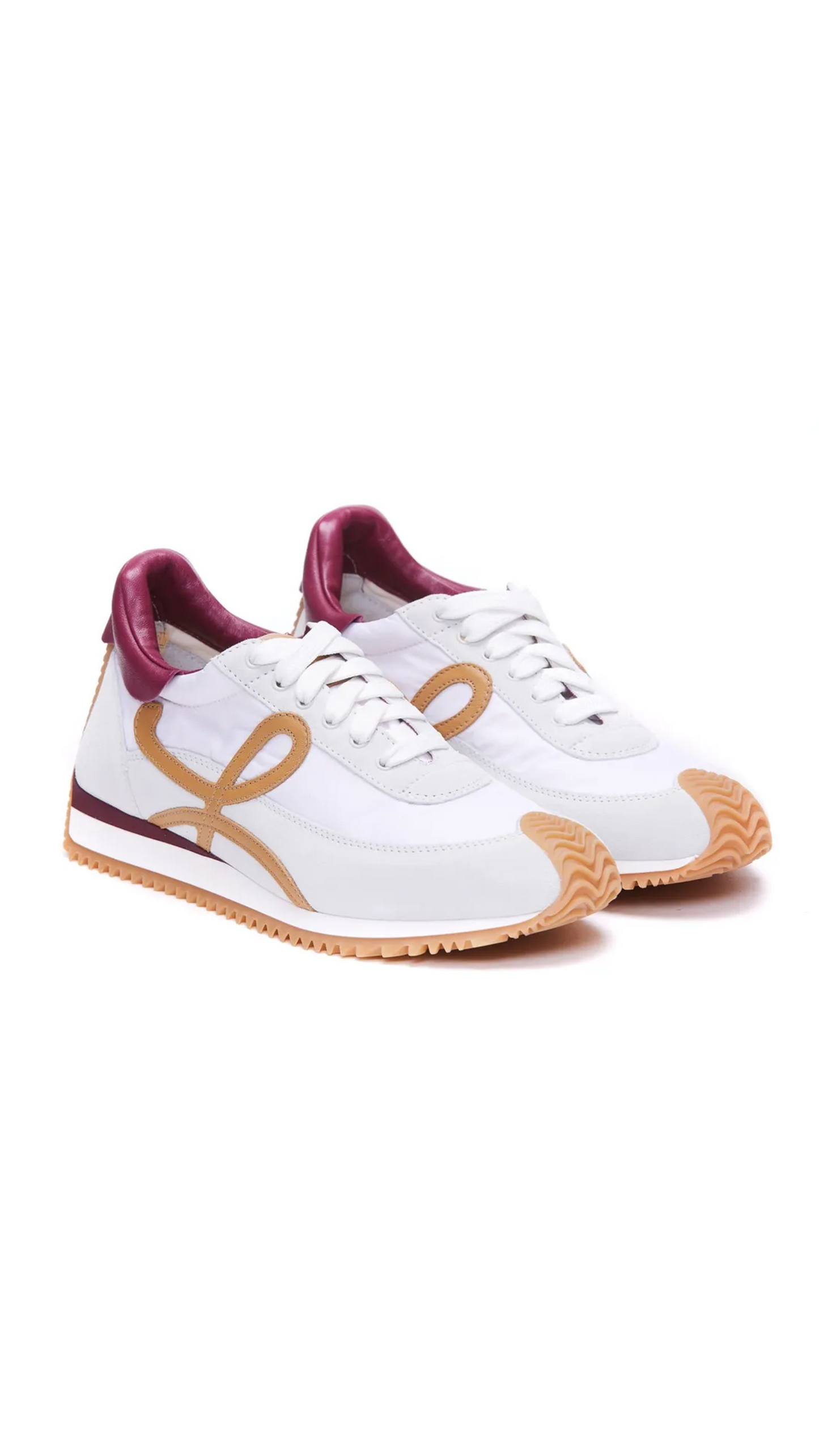 Flow Runner Sneakers in Nylon and Calfskin - White/Cherry/Beige