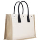 Rive Gauche Small Tote Bag in Linen and Leather - Greige  / Black / Neutral