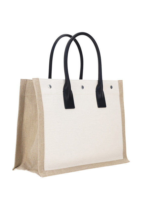Rive Gauche Small Tote Bag in Linen and Leather - Greige  / Black / Neutral