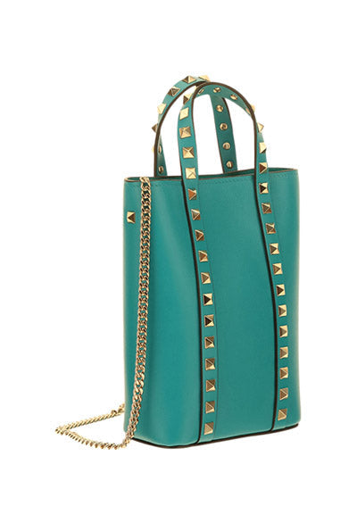 Rockstud Calfskin Leather Pouch With Chain - Marine Green