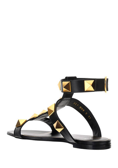 Roman Stud Flat Calfskin Sandal - Black