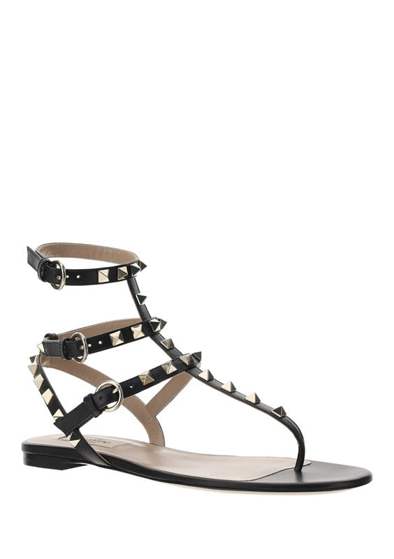Rockstud Calfskin Flat Flip-Flop Sandal - Black
