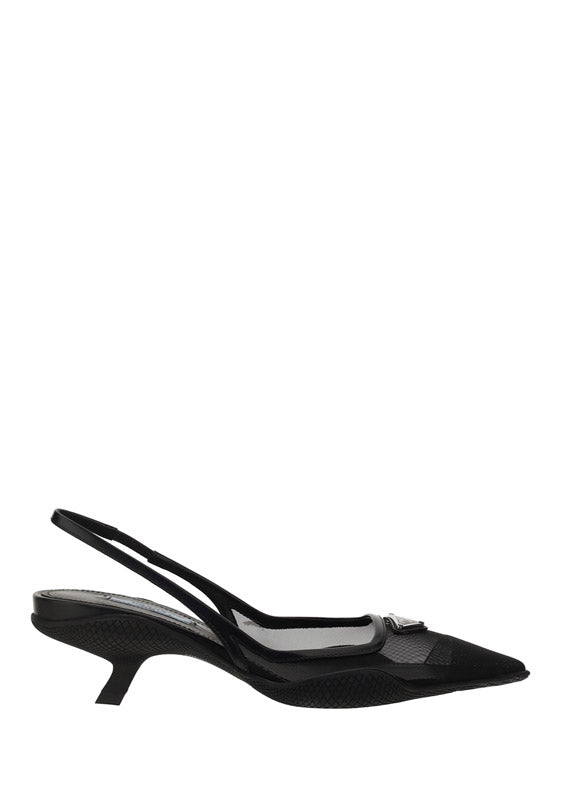 Mesh Fabric Slingback Pumps - Black