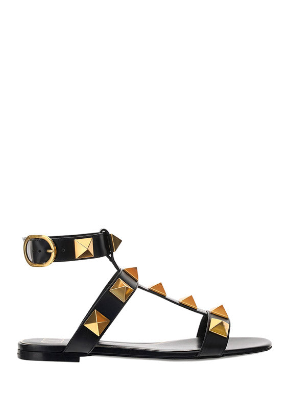 Roman Stud Flat Calfskin Sandal - Black